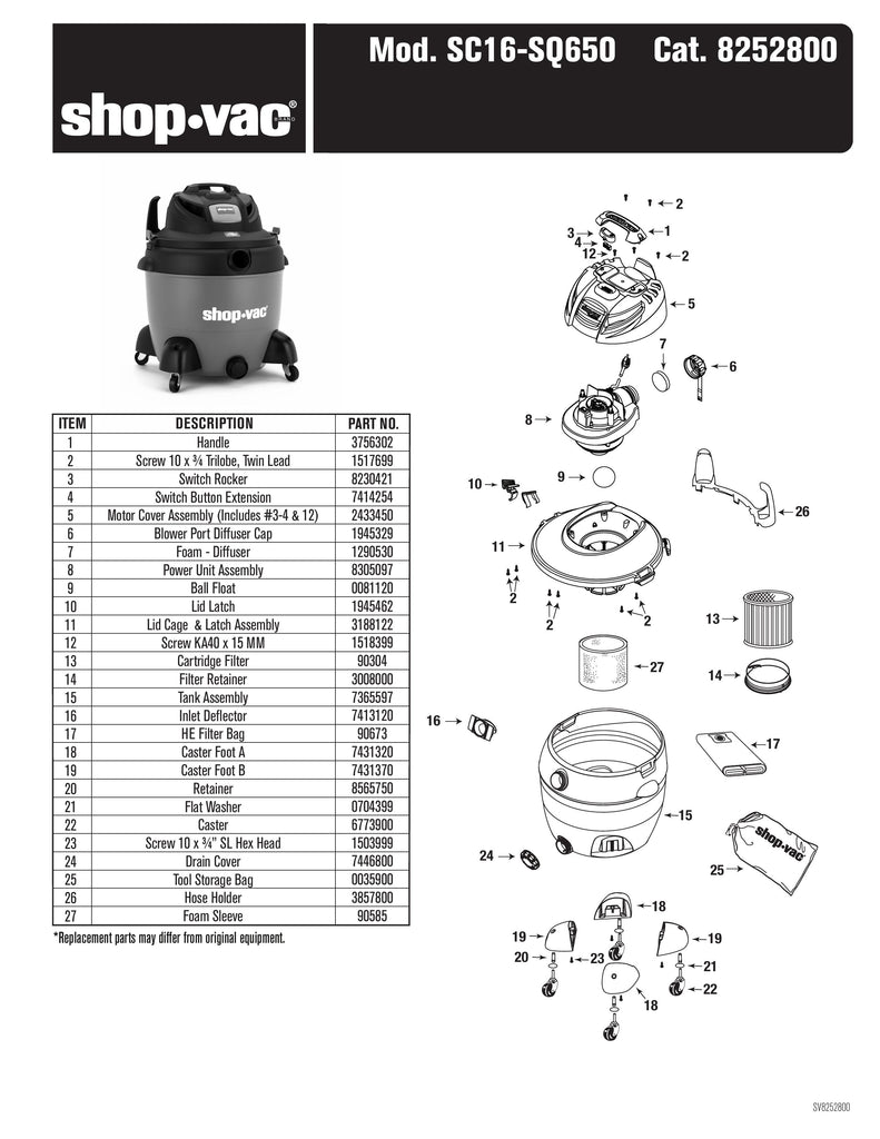 Shop-Vac Parts List for SC16-SQ650 Models (Shop-Vac 18 Gallon* 6.5 Peak HP** Wet/Dry Utility Vacuum with SVX2 Motor Technology)