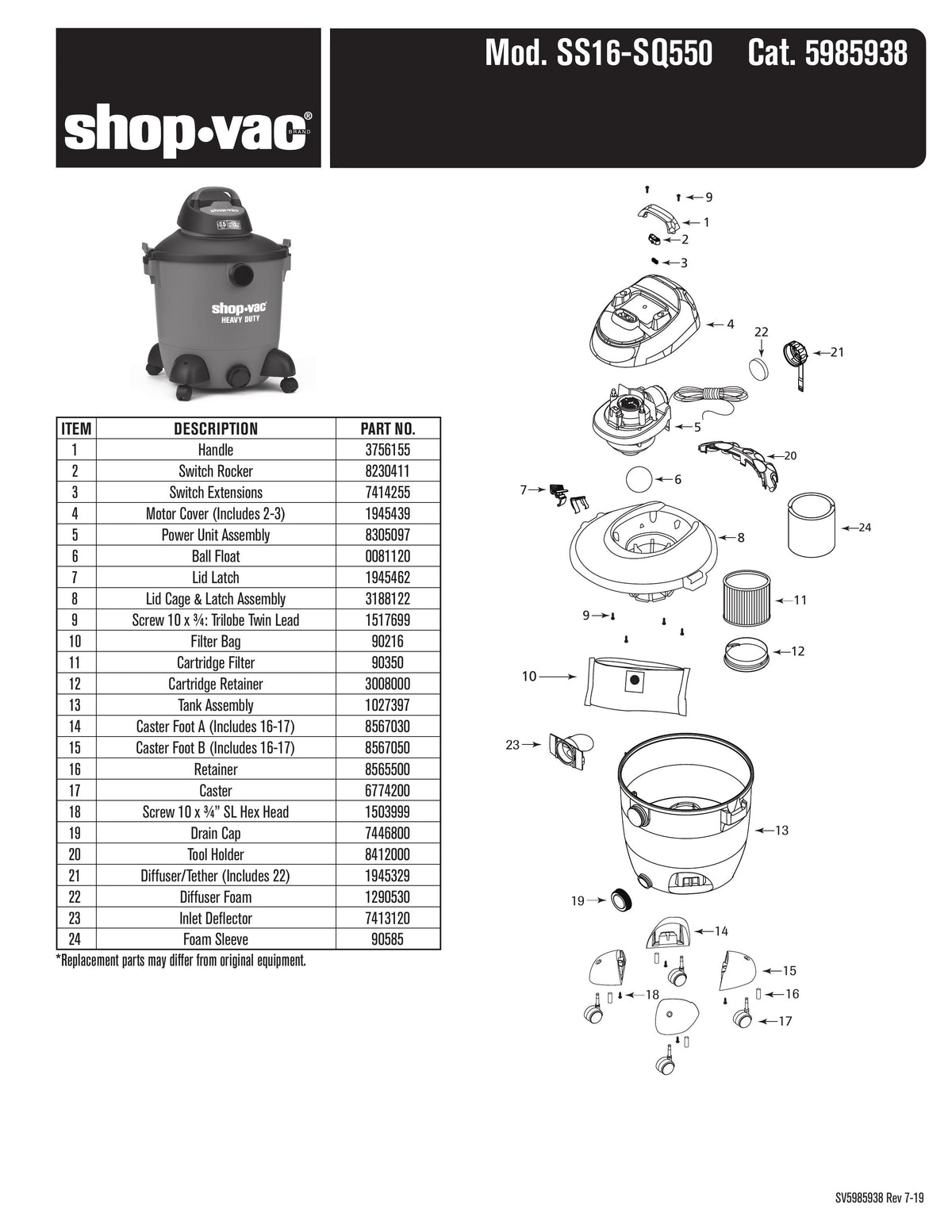 ShopVac Parts List for SS16SQ550 Models 12 Gallon* 5.5 Pea