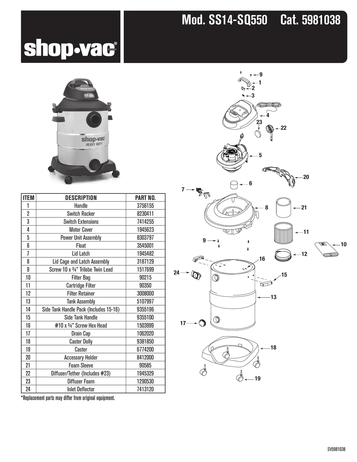 ShopVac Parts List for SS14SQ550 Models 10 Gallon* 5.5 Pea