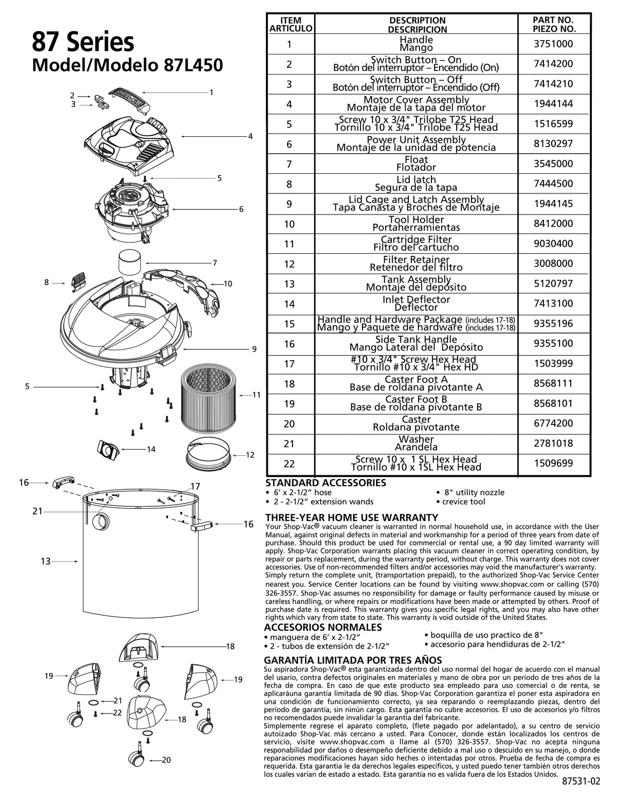 ShopVac Parts List for 87L450 Models (12 Gallon* Black / Stainless St