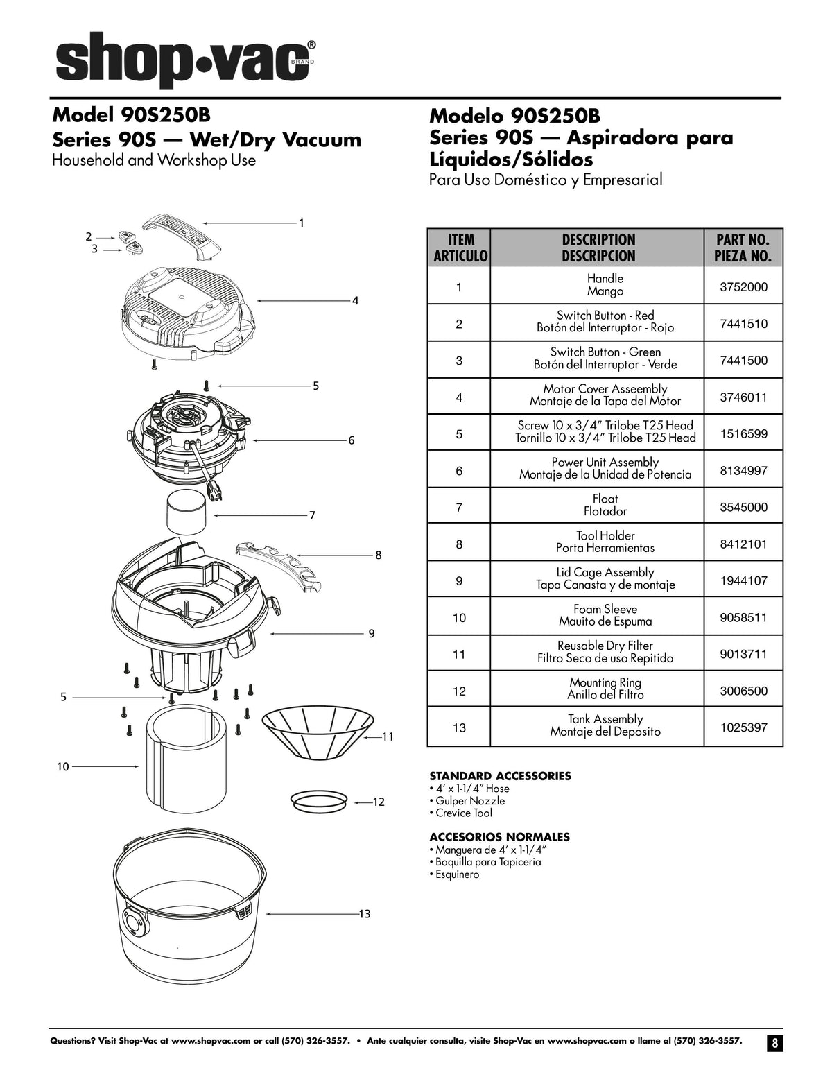 ShopVac Parts List for 90S250B Models (2.5 Gallon* Blue / Gray Portab