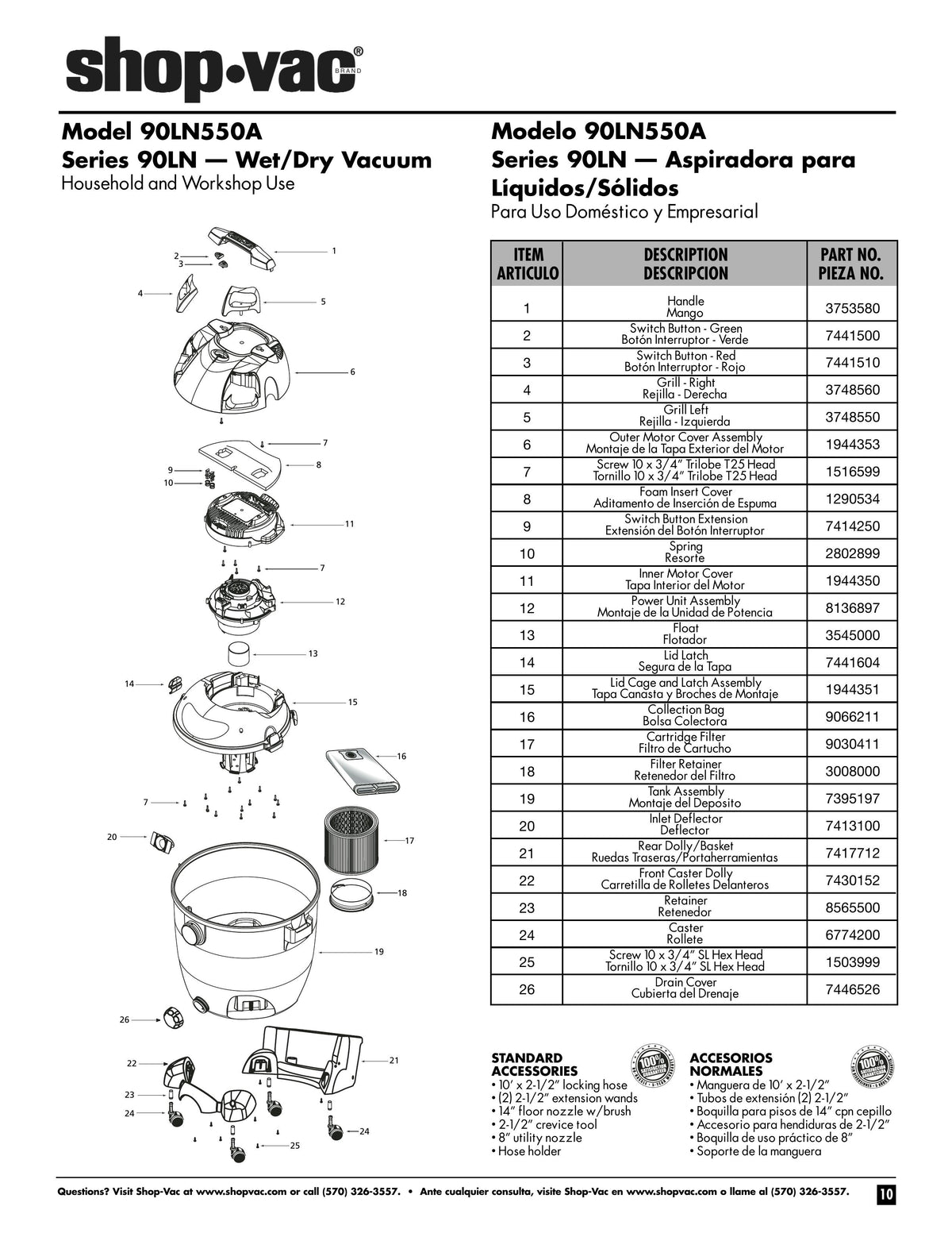 90LN550A 12-Gal Vac Parts List | Shop-Vac | Shop-Vac Store