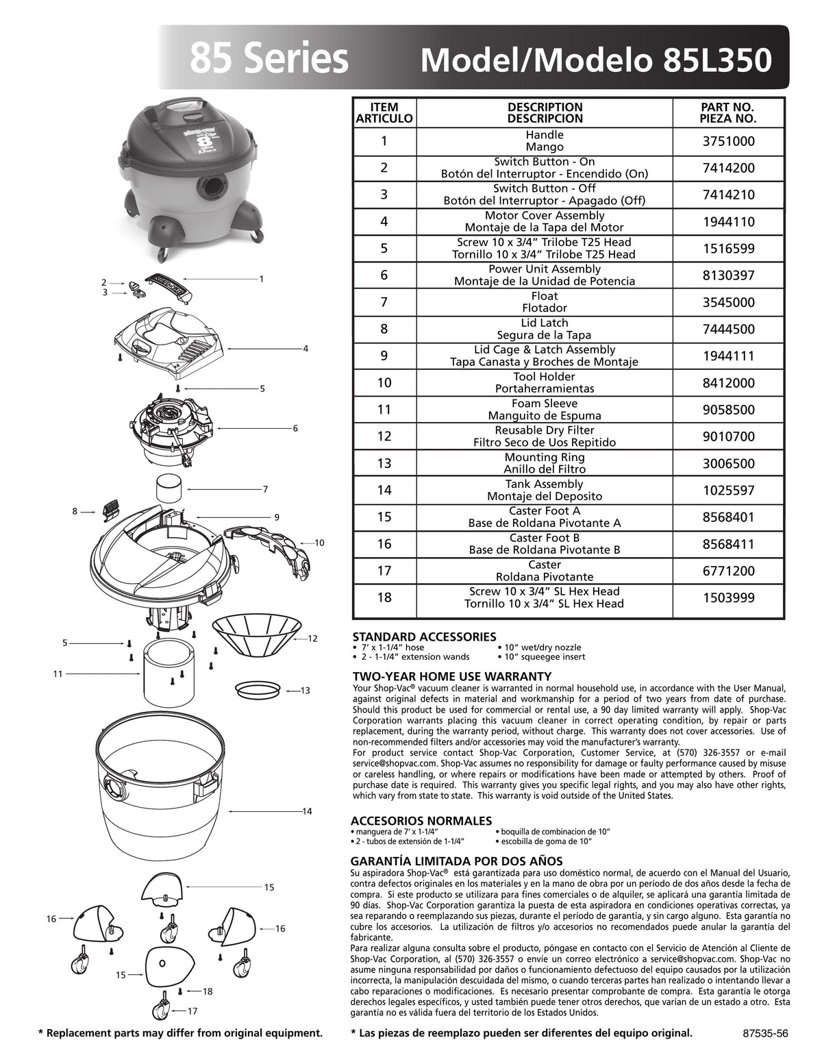 ShopVac Parts List for 85L350 Models (8 Gallon* Gray / Black Vac) ShopVac Store