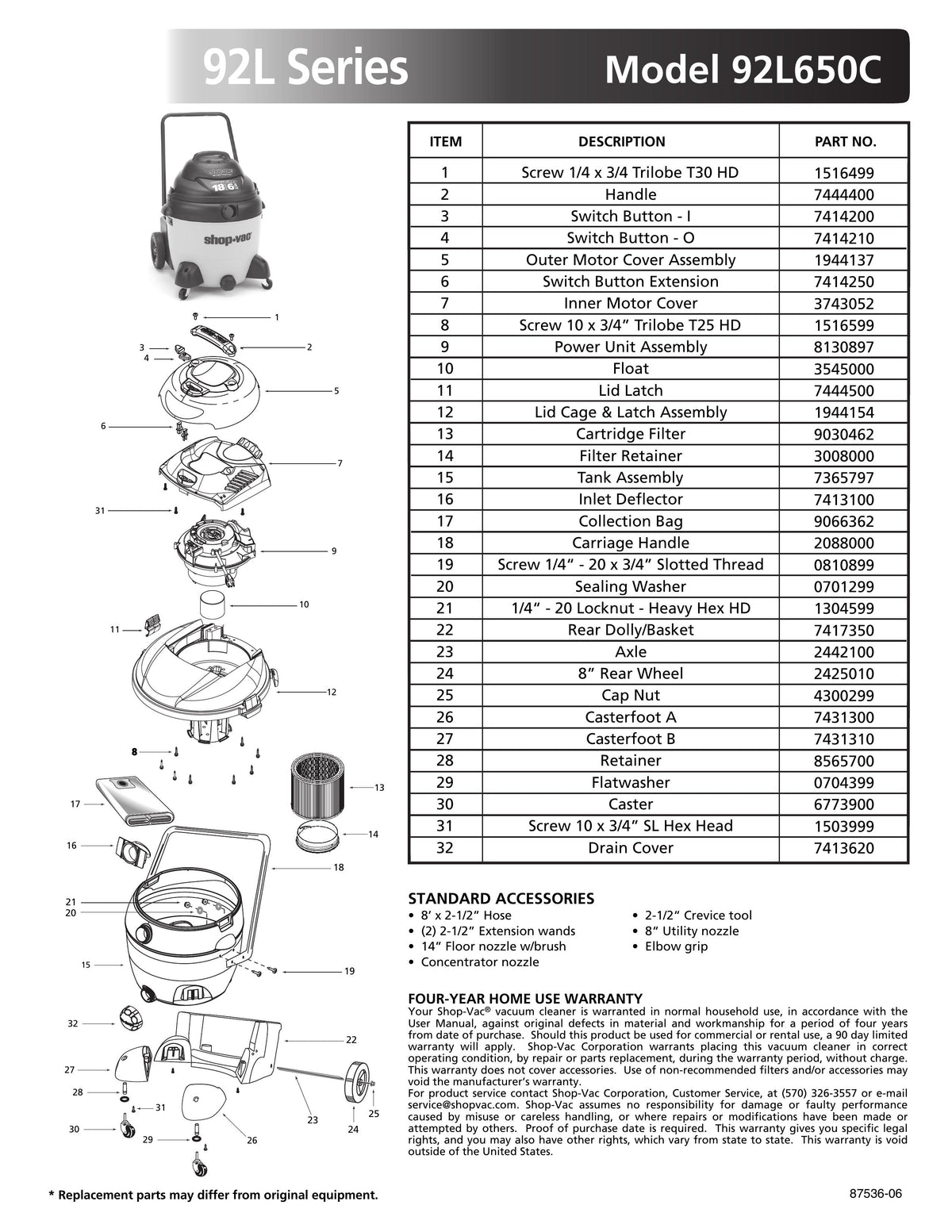 ShopVac Parts List for 92L650C Models (18 Gallon* Yellow / Black Vac
