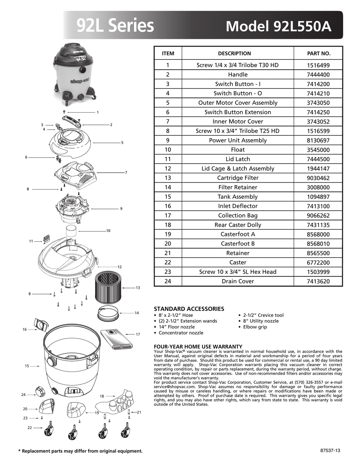ShopVac Parts List for 92L550A Models (14 Gallon* Yellow / Black Vac ShopVac Store