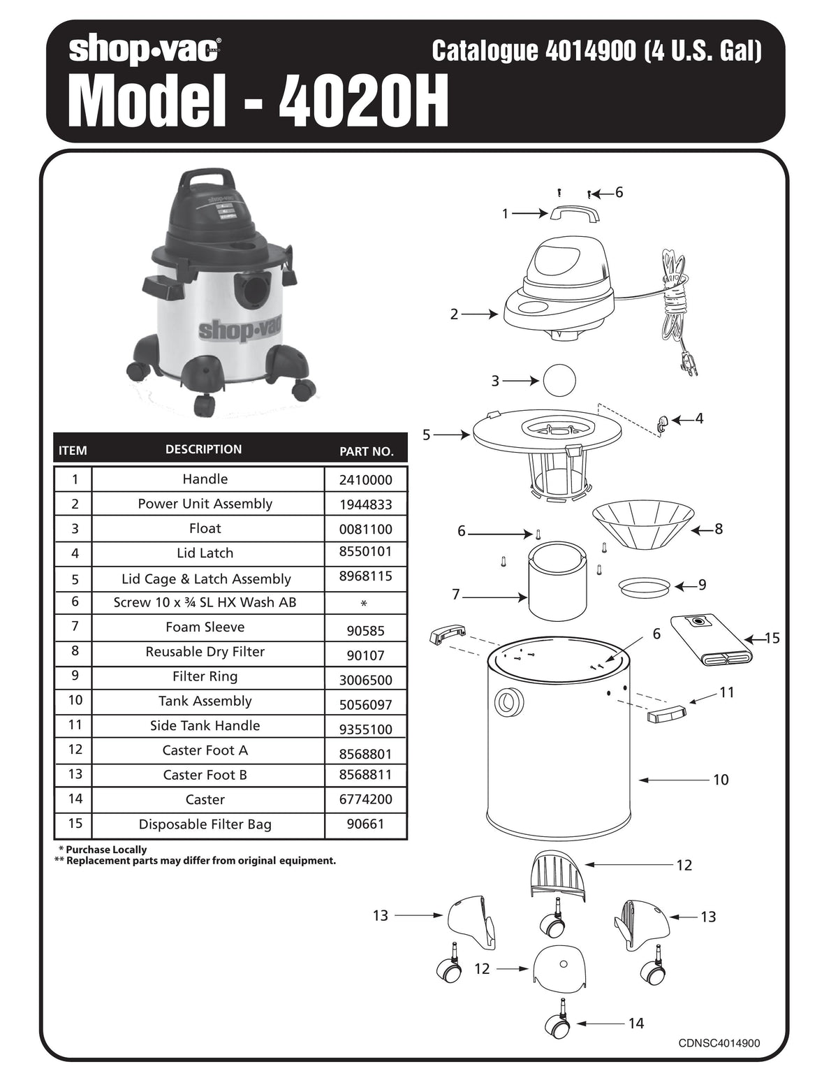 ShopVac Parts List for 4020H Models (4 Gallon* Black / Stainless Stee