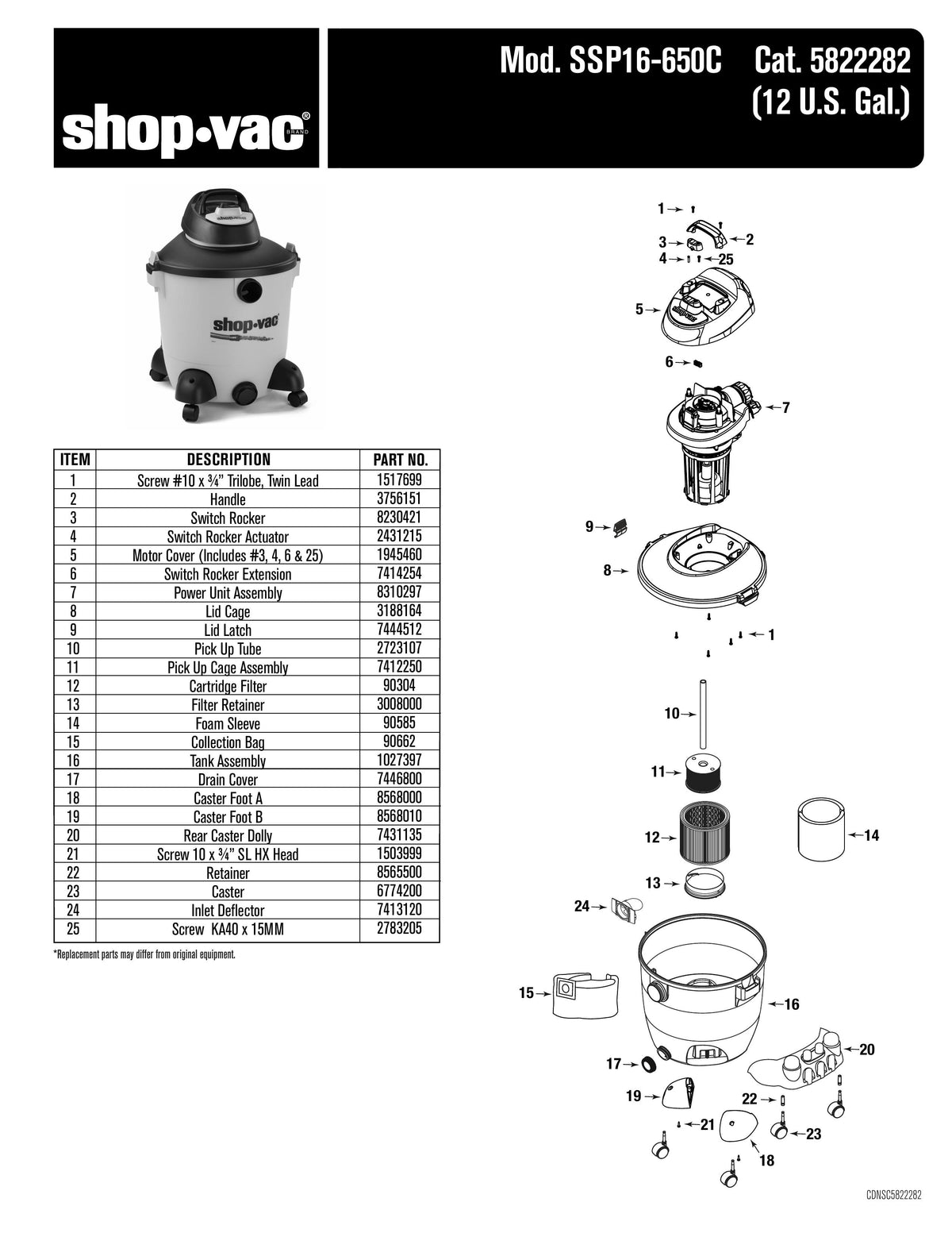 ShopVac Parts List for SSP16650C Models (12 Gallon* Yellow / Black P