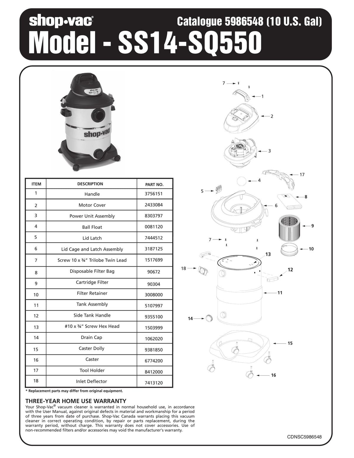 ShopVac Parts List For SS11450 Models (5 Gallon* Black, 59 OFF