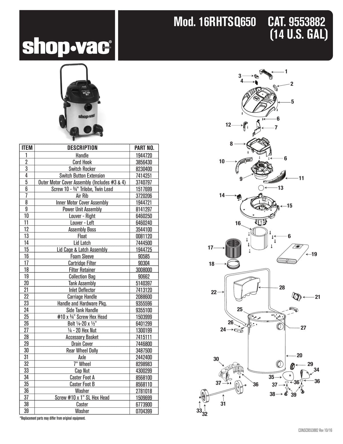 ShopVac Parts List for 16RHTSQ650 Models (14 Gallon* Black / Stainles