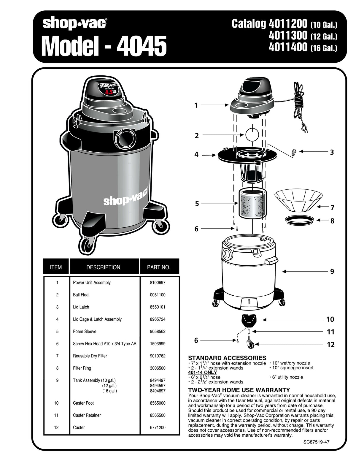 ShopVac Parts List for 4045 Models (10 Gallon* Red / Black Vac) Shop