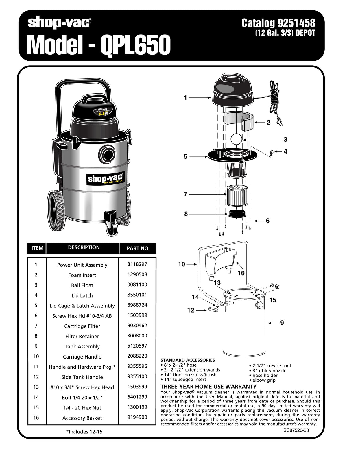 ShopVac Parts List for QPL650 Models (12 Gallon* Black / Stainless St