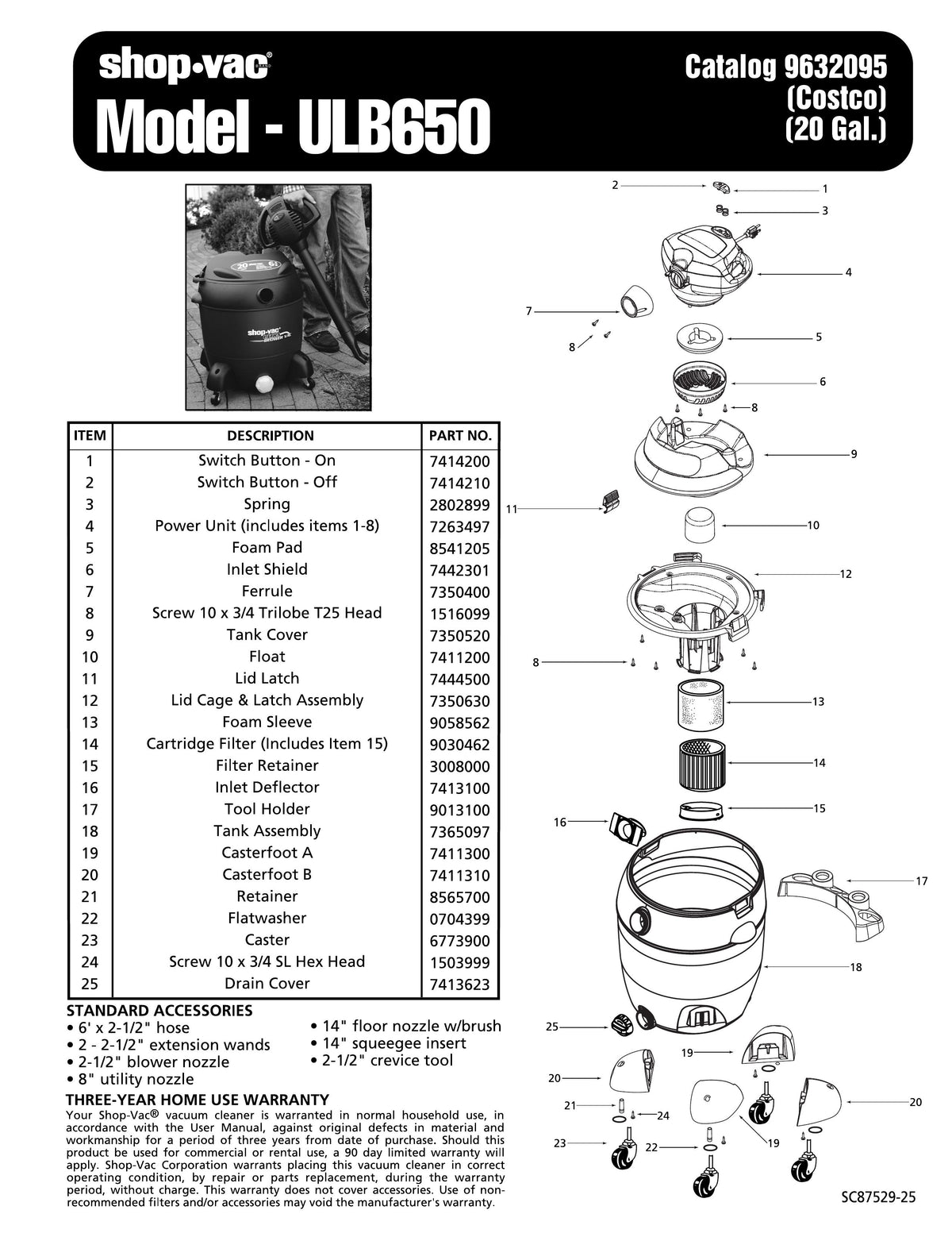 ShopVac Parts List for ULB650 Models (20 Gallon* Green / Black Blower