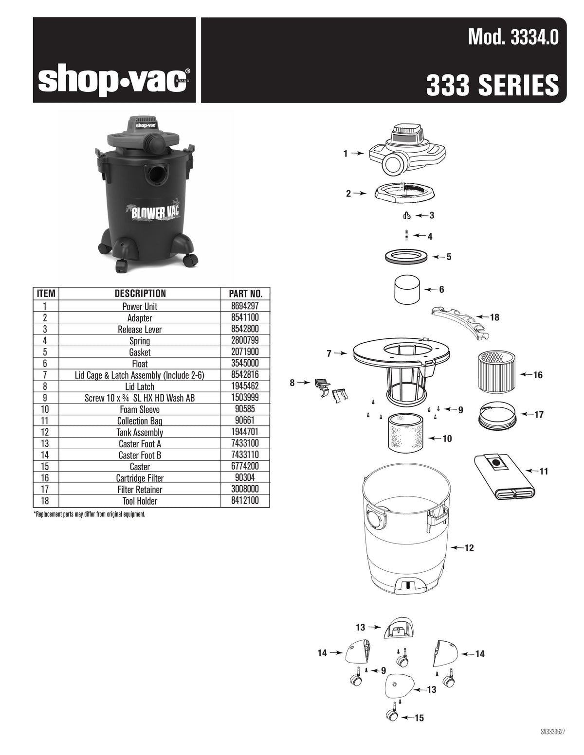 ShopVac Parts List for 3334 Models (6 Gallon* Red / Black Blower Vac