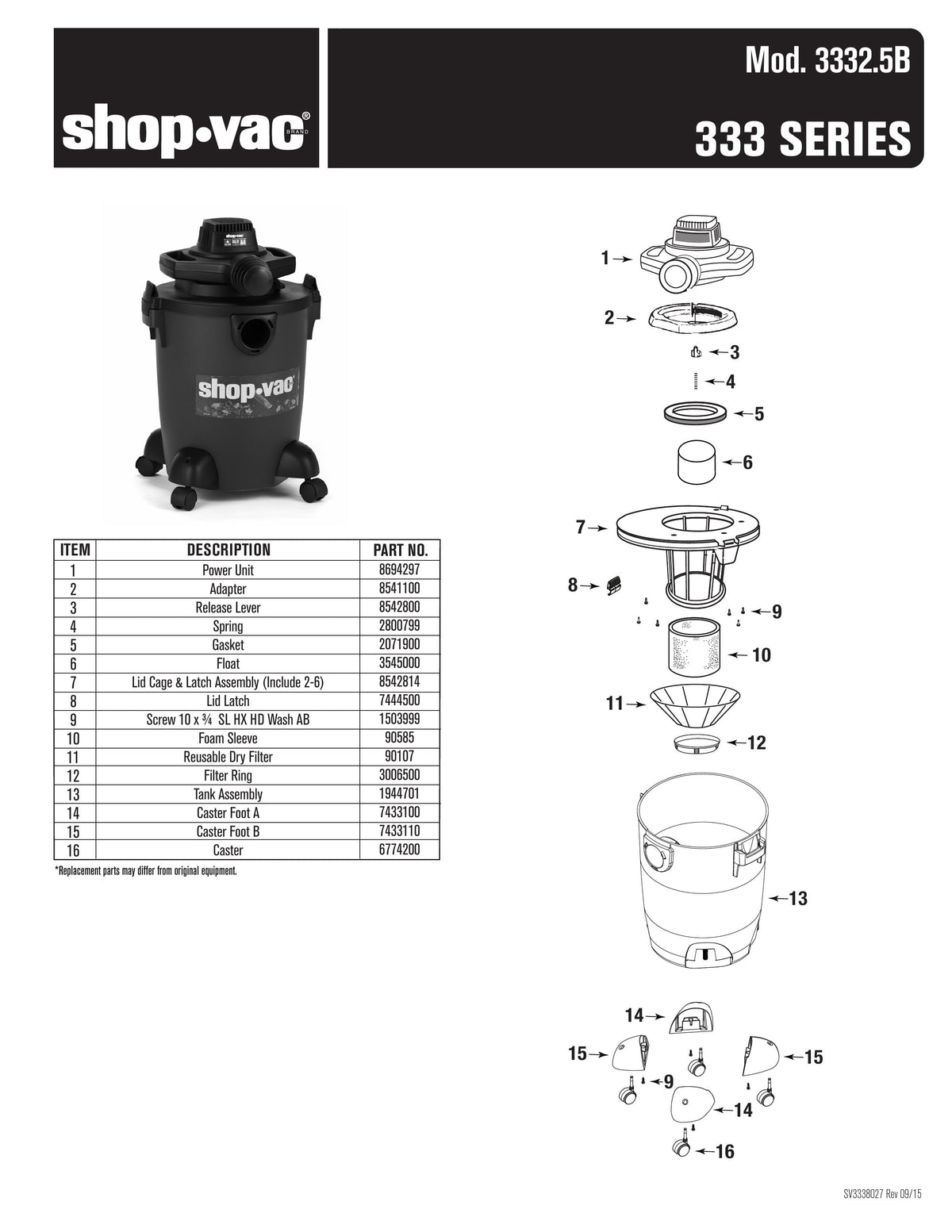 Shop-Vac Parts List for 3332.5B Models (6 Gallon* Green / Black