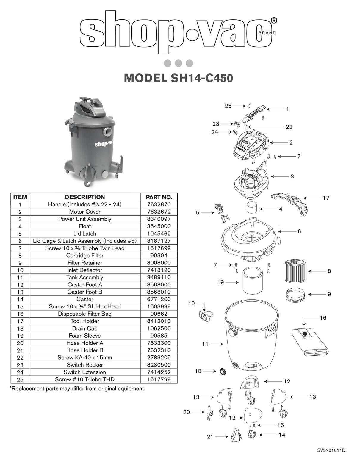 ShopVac Parts List for SH14C450 Models (10Gallon* 4.5 Peak HP** Wet