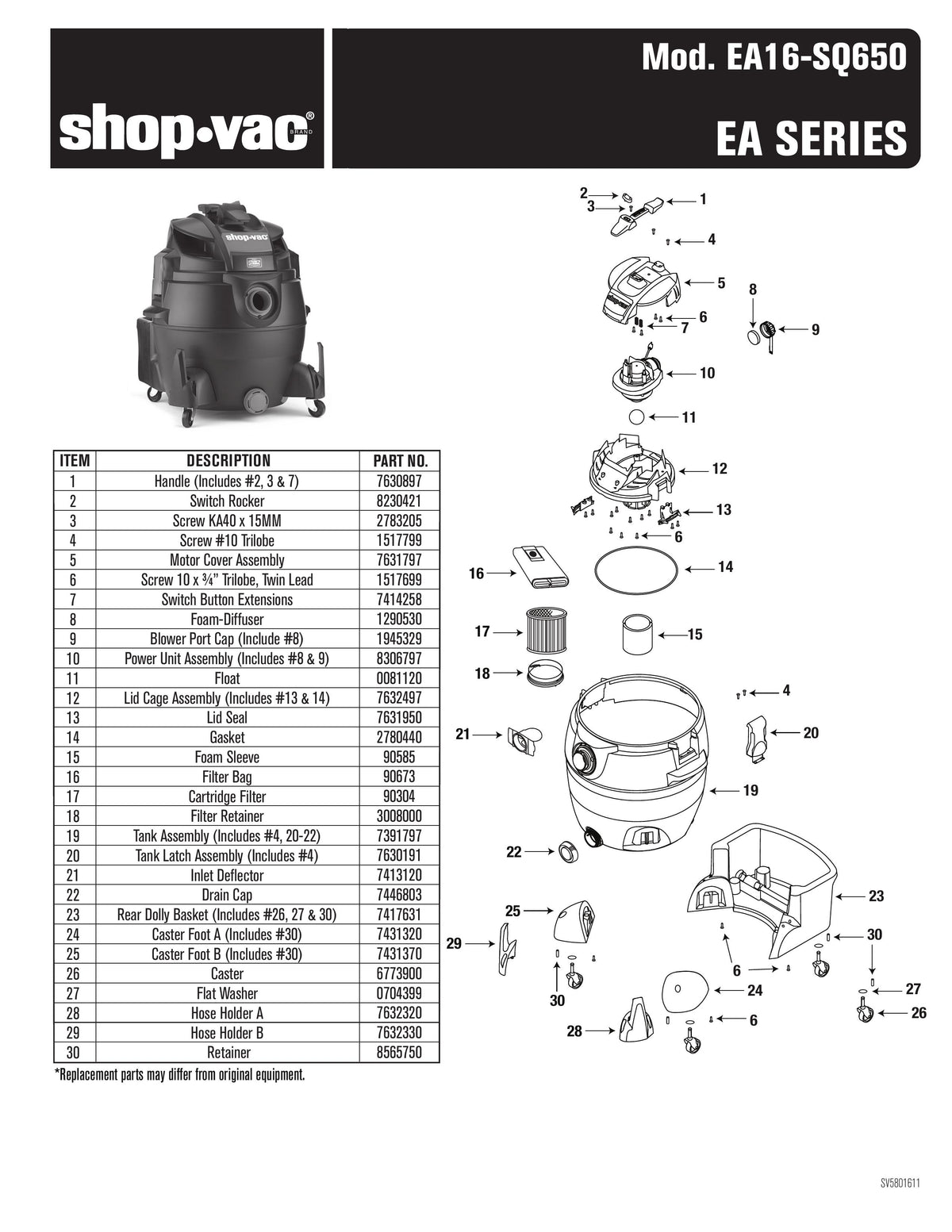 Shop-Vac Parts List for EA16-SQ650 Models (Shop-Vac 16 Gallon* 6.5