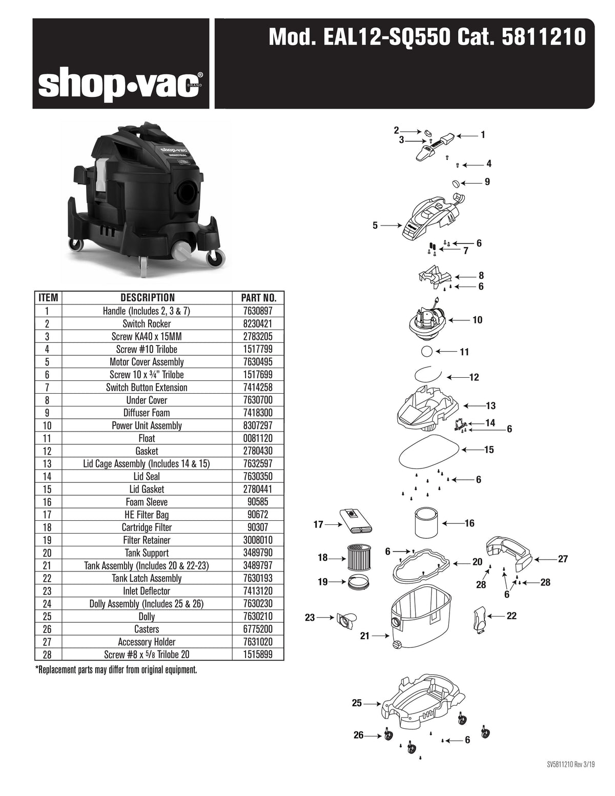 ShopVac Parts List for EAL12SQ55 Models 12 Gallon* 5.5 Pea