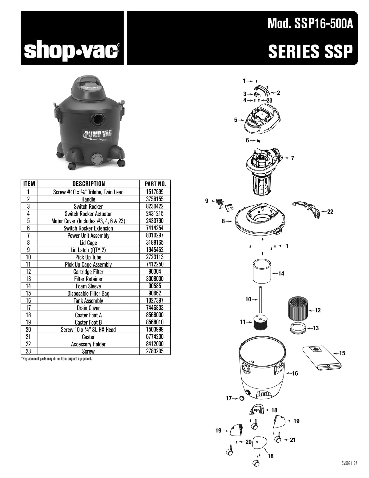 ShopVac Parts List for SSP16500A Models (10 Gallon* Black / Red Pump ShopVac Store