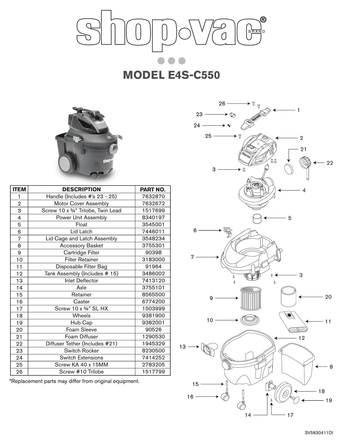 ShopVac Parts List for E4SC550 Models (4 Gallon* 5.5 Peak HP** Wet/D