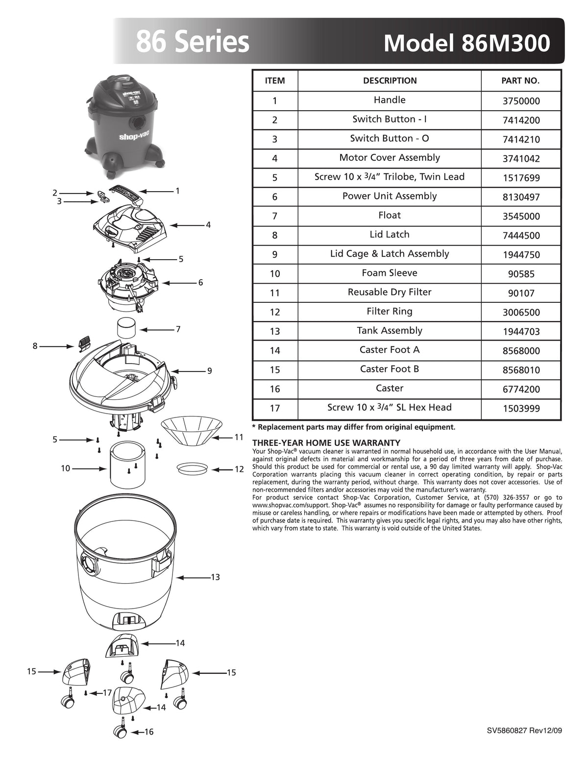 ShopVac Parts List for 86M300 Models (8 Gallon* Red / Black Vac