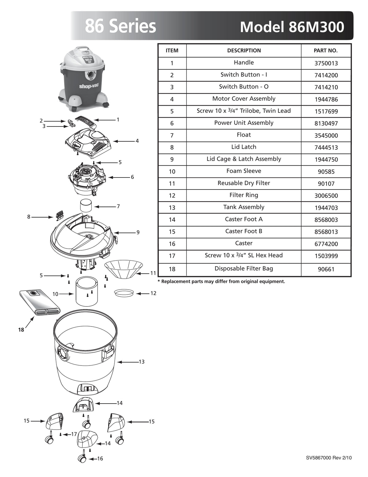 ShopVac Parts List for 86M300 Models (8 Gallon* Green / Gray Vac