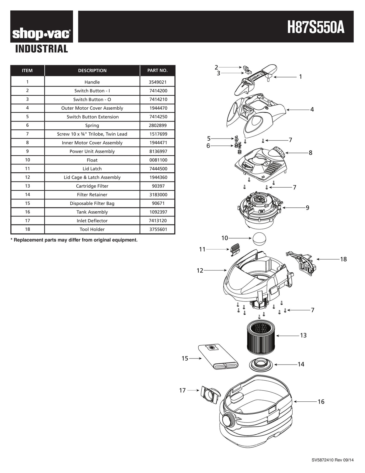 ShopVac Parts List for H87S550A Models (5 Gallon* Yellow / Black Port ShopVac Store