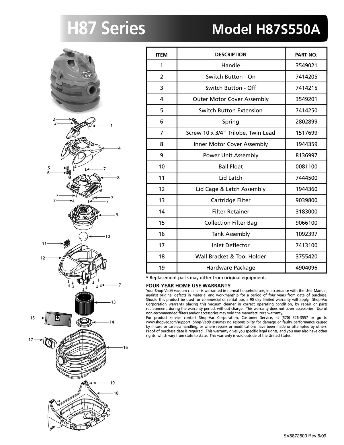 ShopVac Parts List for H87S550A Models (5 Gallon* Yellow / Black Port