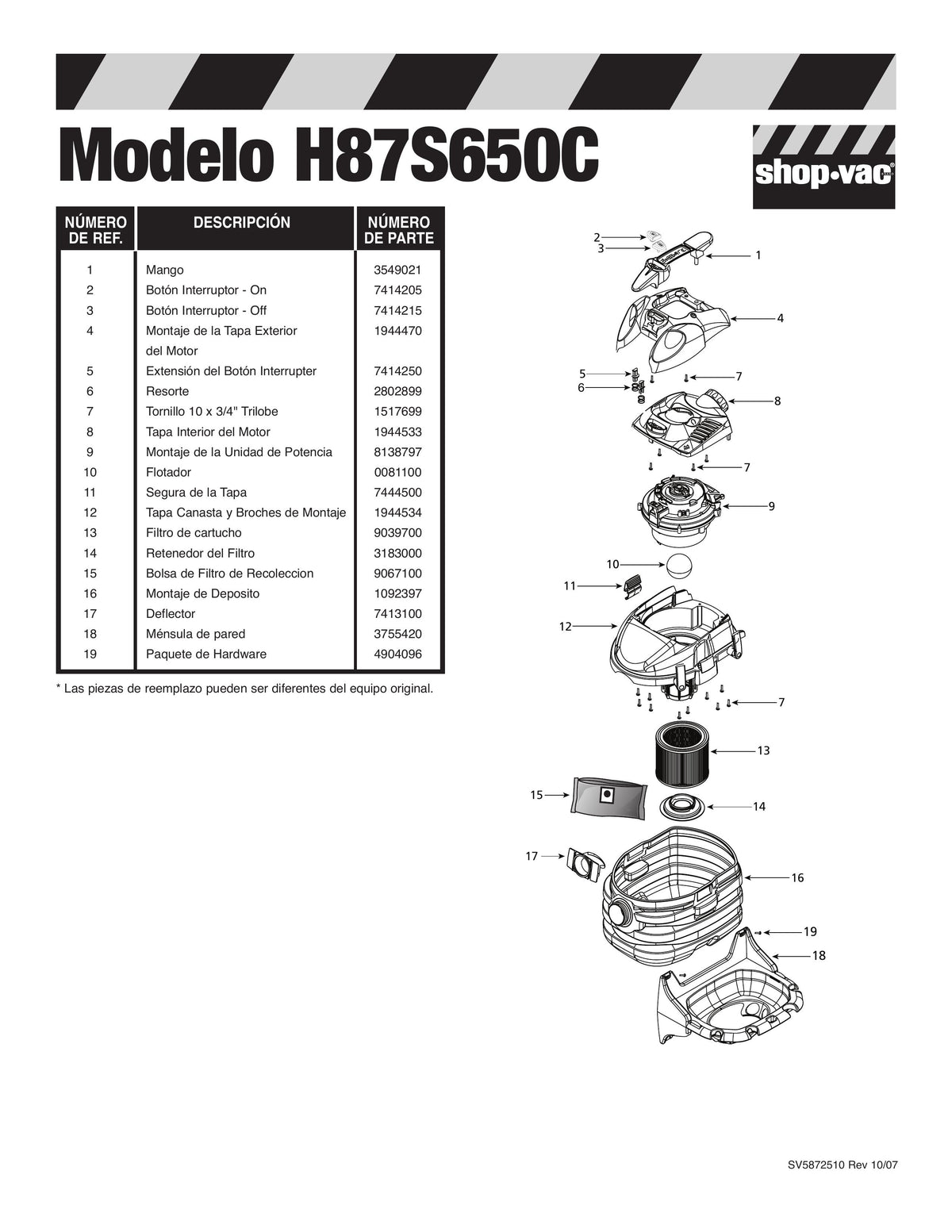 H87S650C 5-Gal Portable Vac Parts List | Shop-Vac | Shop-Vac Store