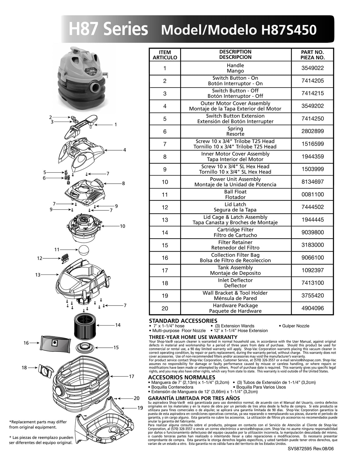 ShopVac Parts List for H87S450 Models (5 Gallon* Light & Dark Grey Po