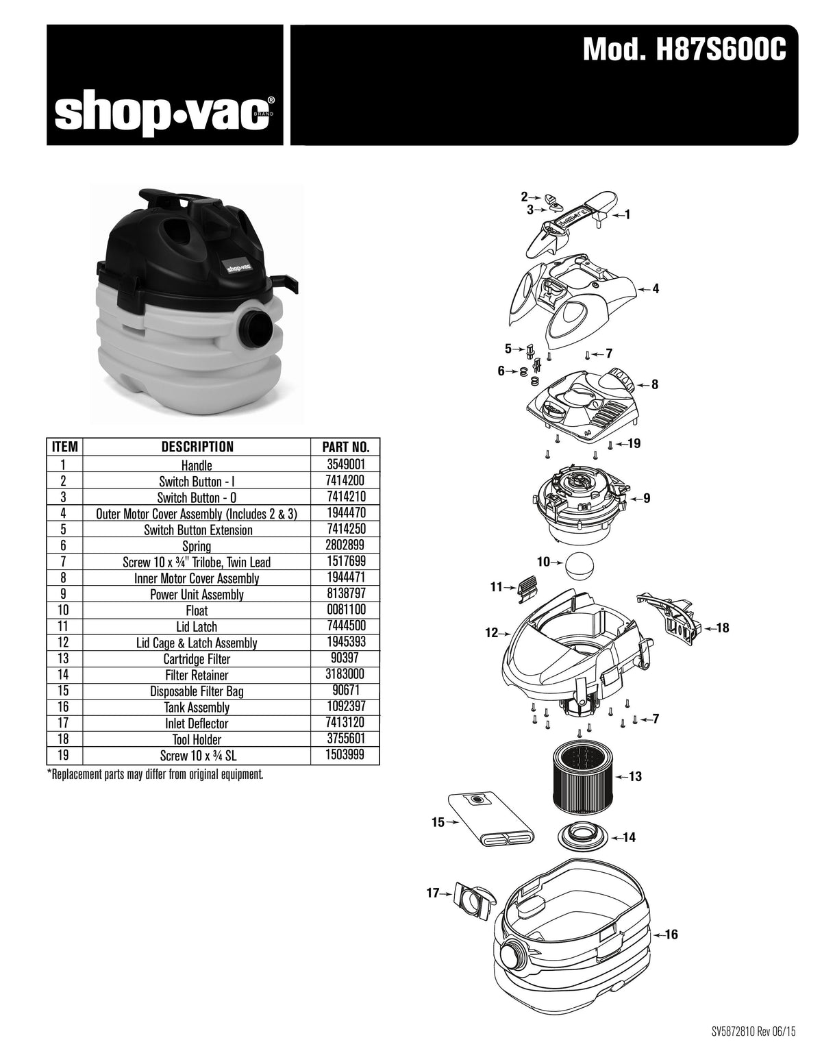 ShopVac Parts List for H87S600C Models (5 Gallon* Yellow / Black Port