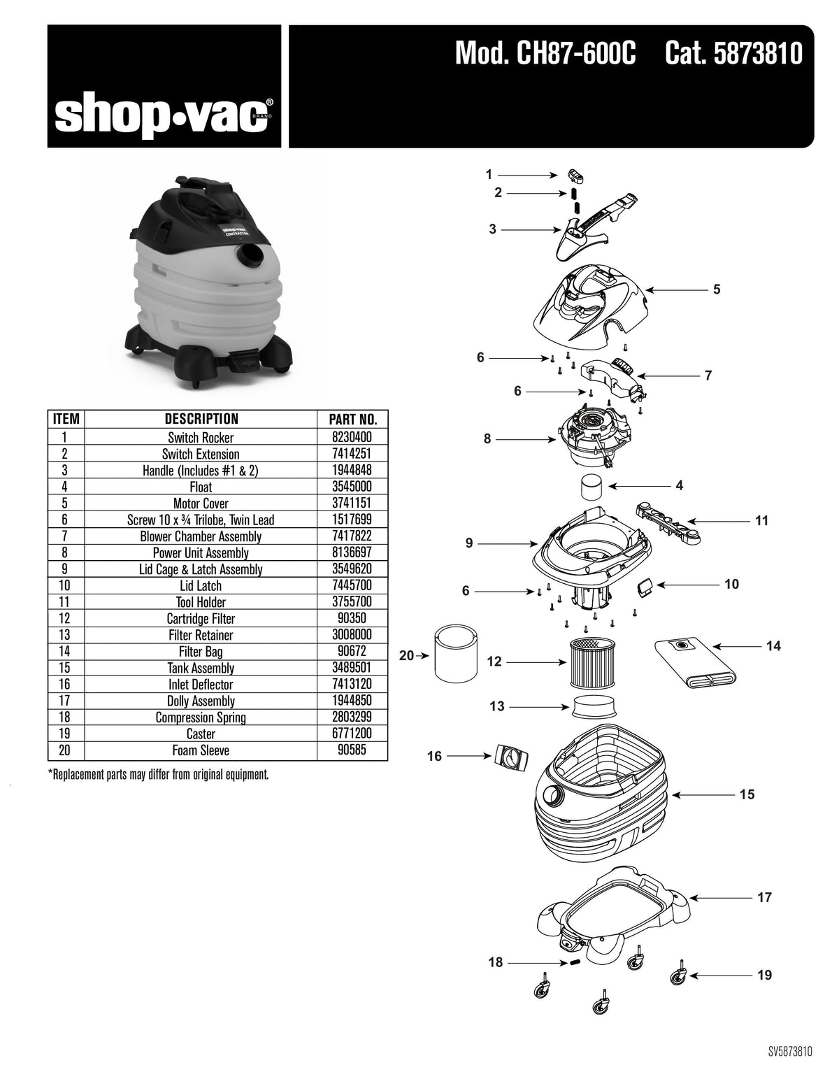 ShopVac Parts List for CH87600C Models 10 Gallon* 6.0 Peak