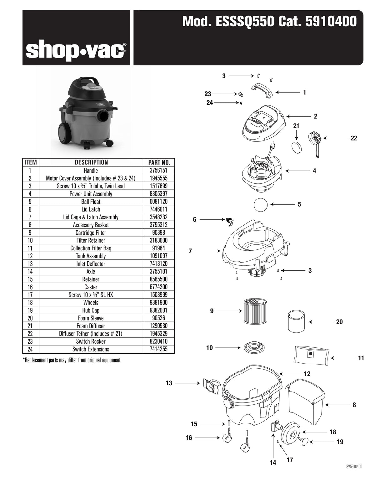 ShopVac Parts List for ESSSQ550 Models 4 Gallon* 5.5 Peak H