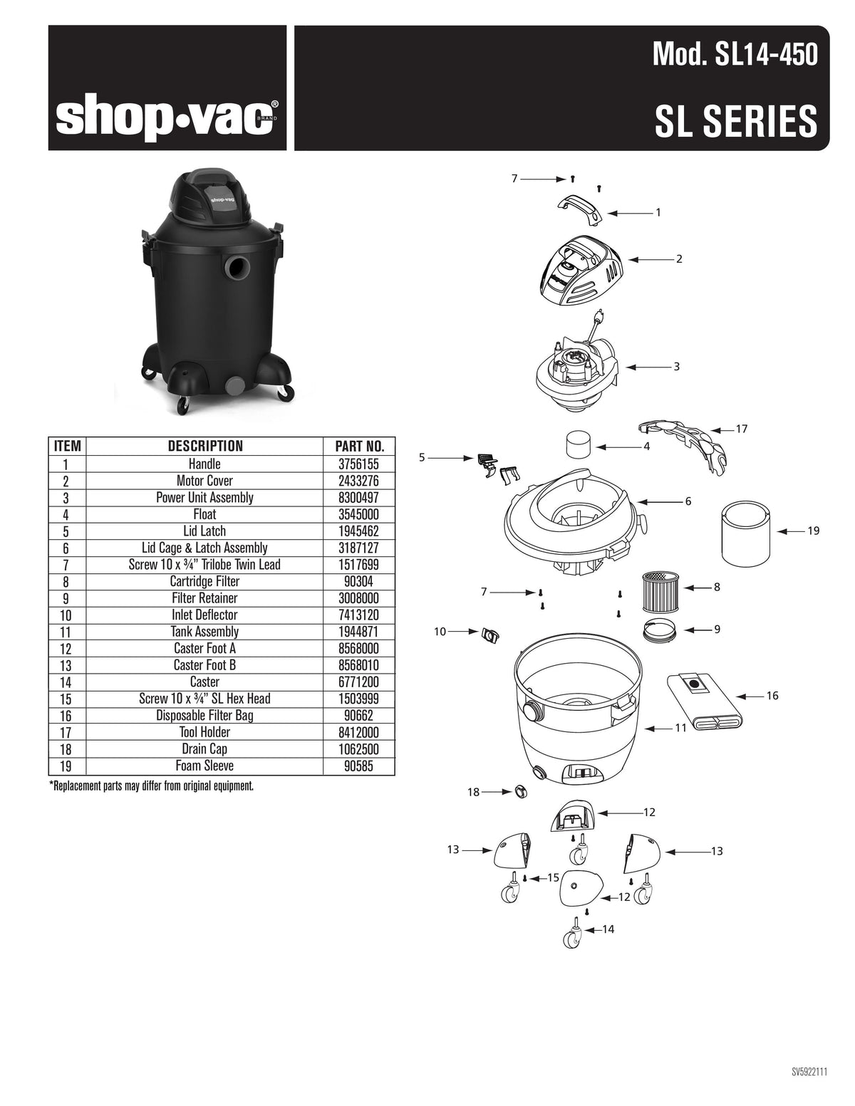 ShopVac Parts List for SL14450 Models (10 Gallon* 4.5 Peak HP** Wet