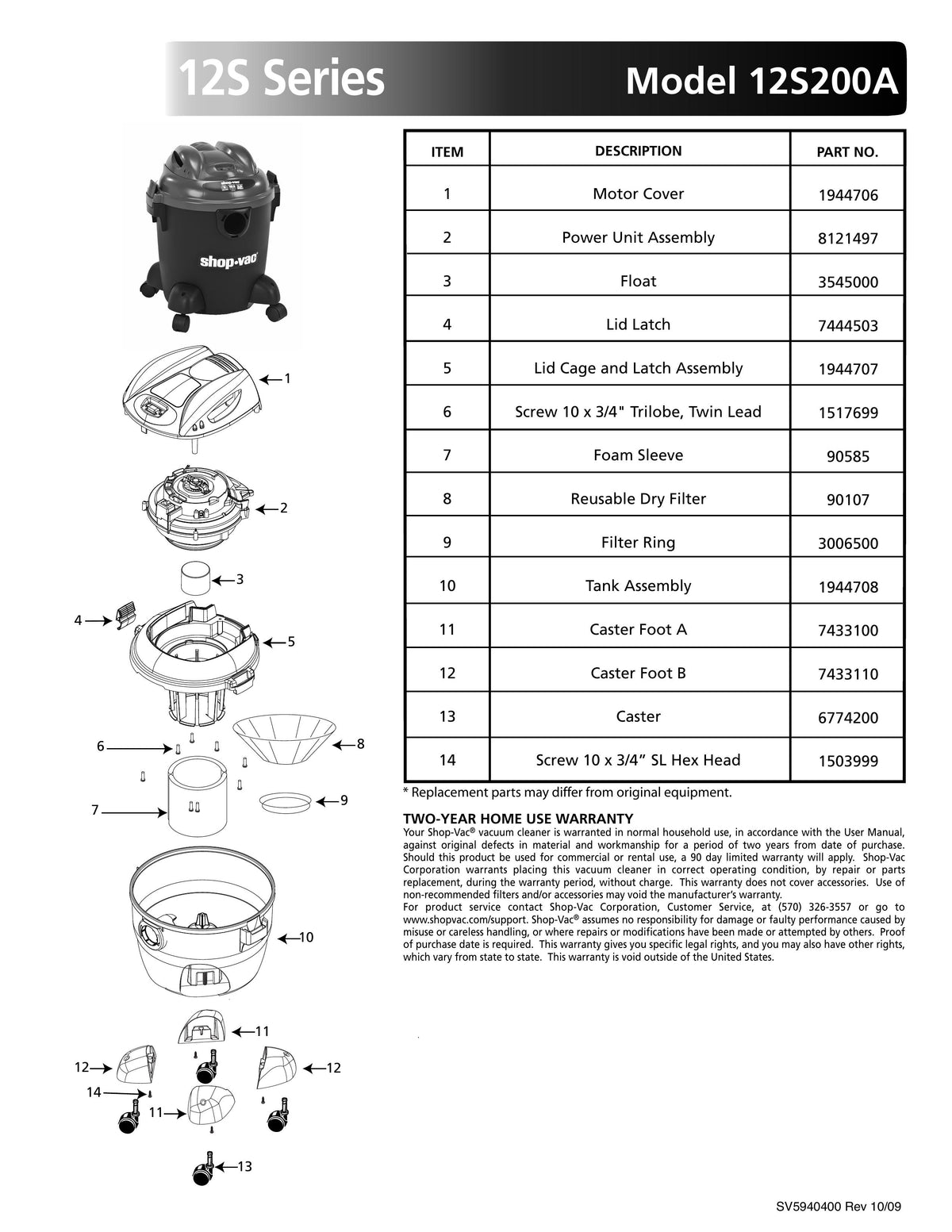 ShopVac Parts List for 12S200A Models (5 Gallon* Black / Red Vac