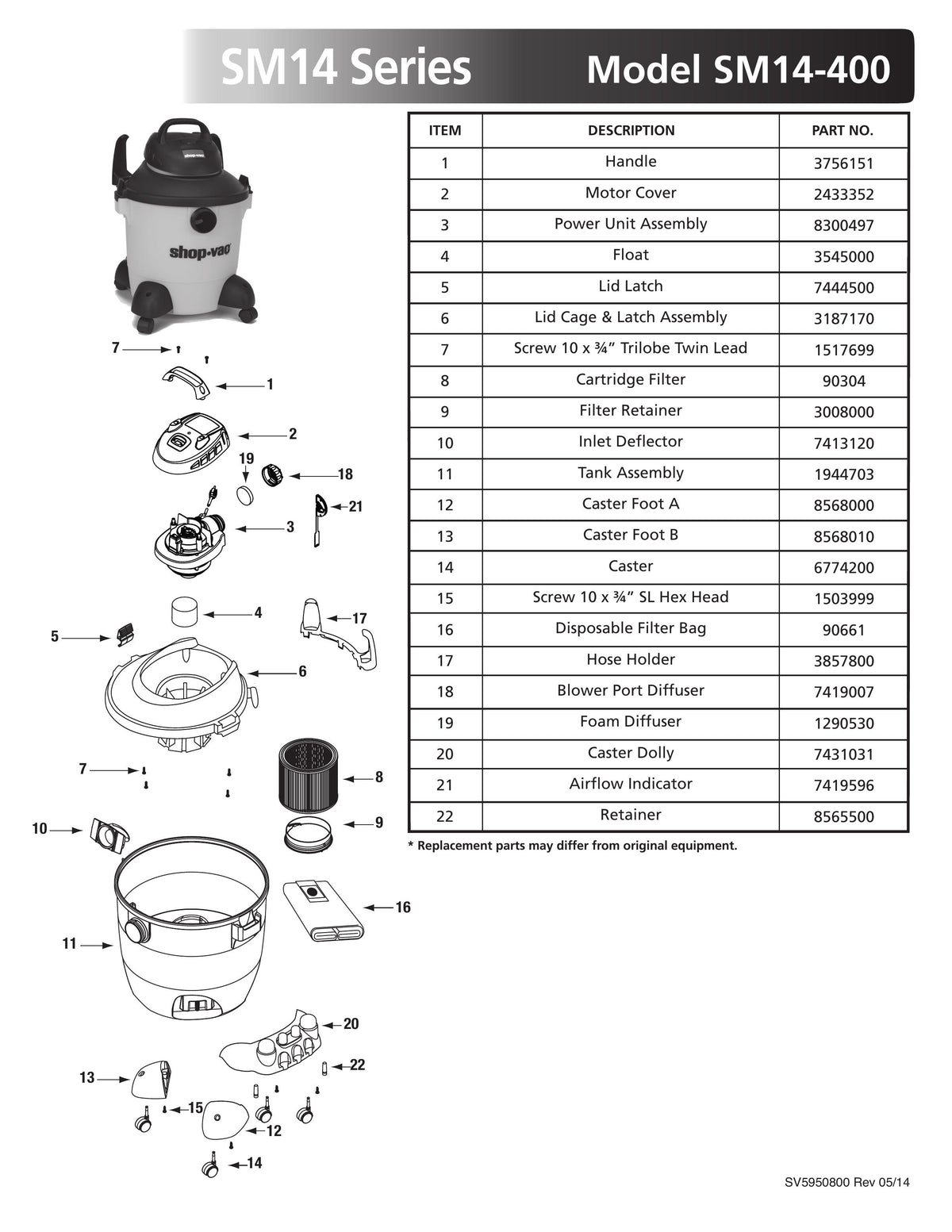ShopVac Parts List for SM14400 Models (8 Gallon* Yellow / Black Vac