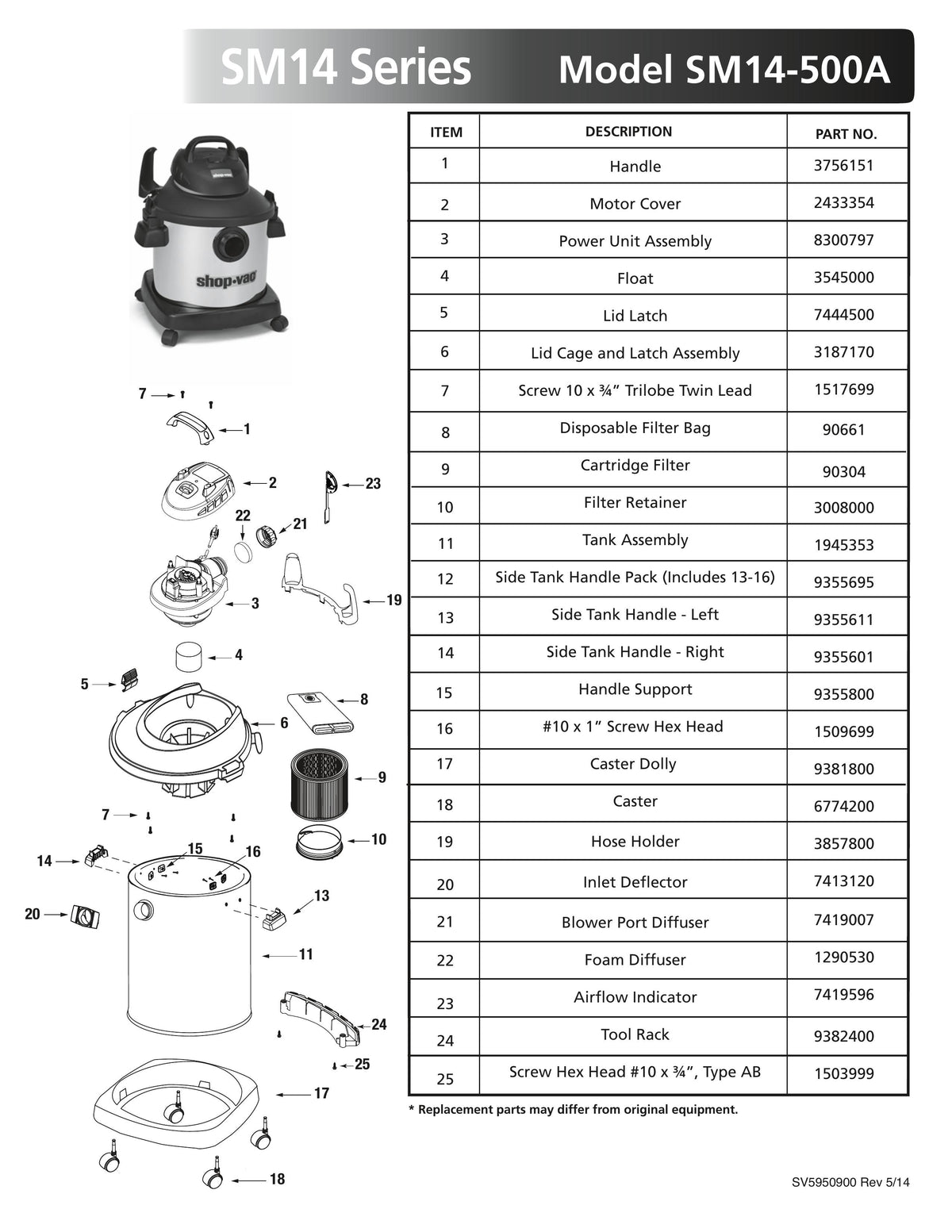 ShopVac Parts List for SM14500A Models (8 Gallon* Black / Yellow Sta
