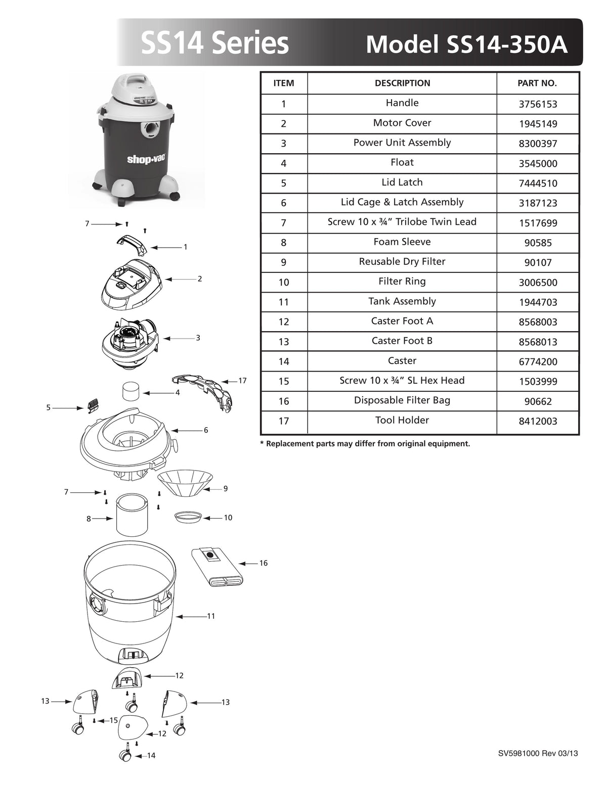 ShopVac Parts List for SS14350A Models (10 Gallon* Green / Gray Vac