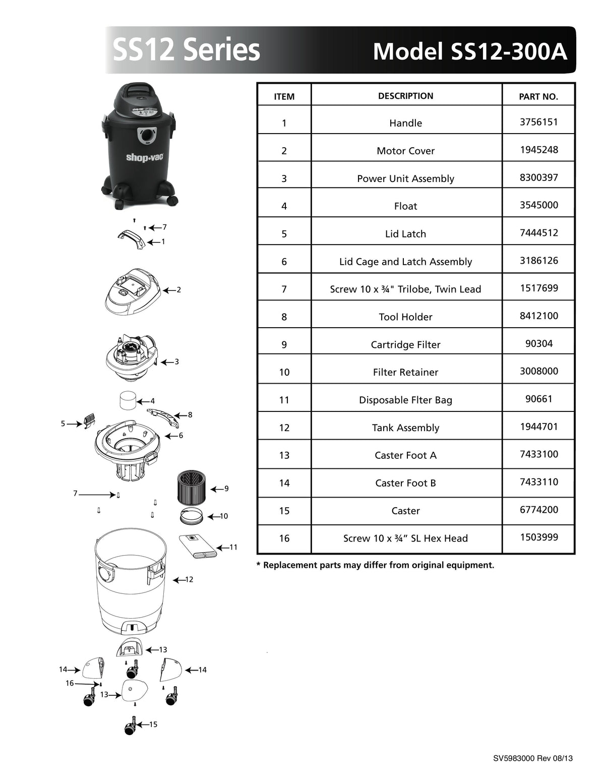ShopVac Parts List for SS12300A Models (6 Gallon* Black / Yellow Vac