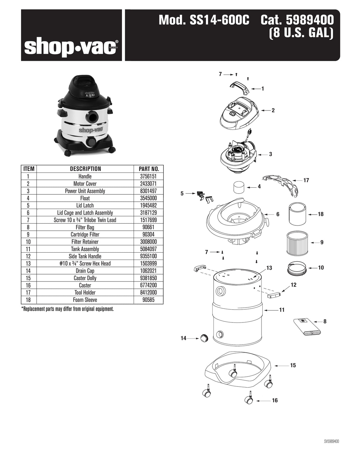 ShopVac Parts List for SS14600C Models (8 Gallon* Black / Red Stainl
