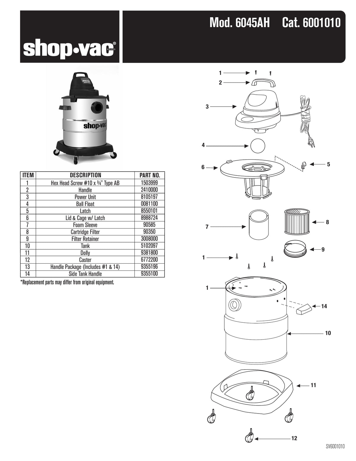 ShopVac Parts List for 6045AH Models 10 Gallon* 4.5 Peak HP