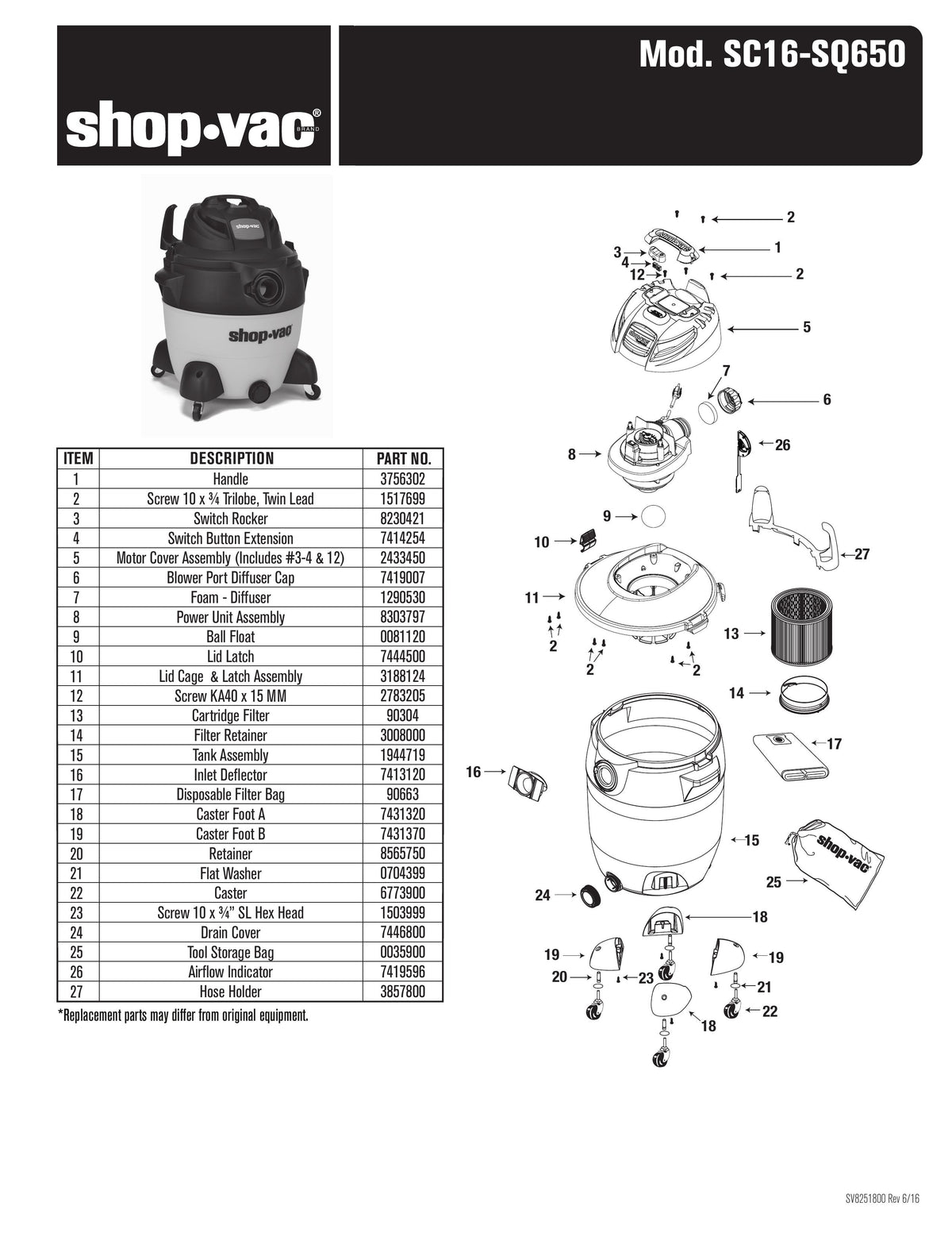 ShopVac Parts List for SC16SQ650 Models (18 Gallon* Yellow / Black S ShopVac Store