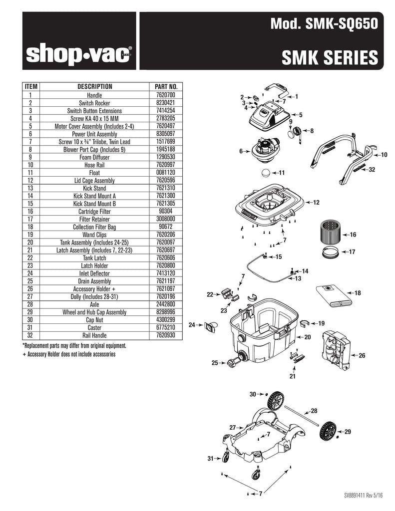 Shop-Vac Parts List for SMK-SQ650 Models (14 Gallon* SVX2 Wet/Dry Vac Vac)