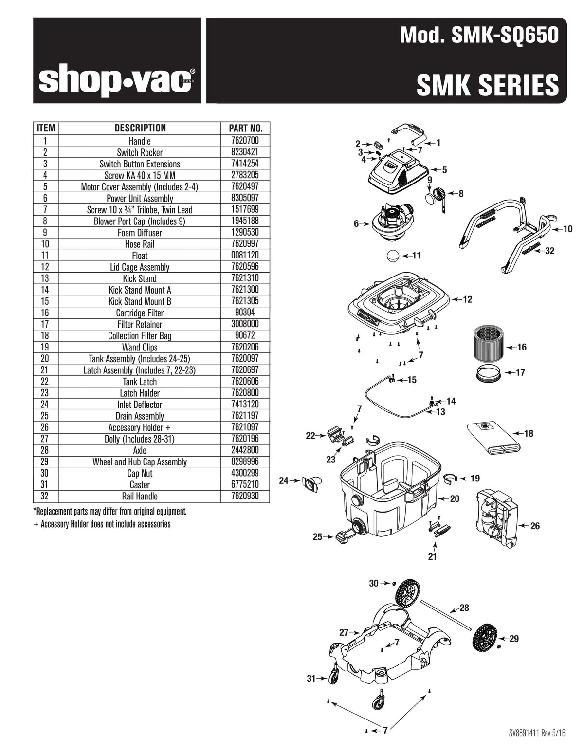 ShopVac Parts List for SMKSQ650 Models (14 Gallon* SVX2 Wet/Dry Vac