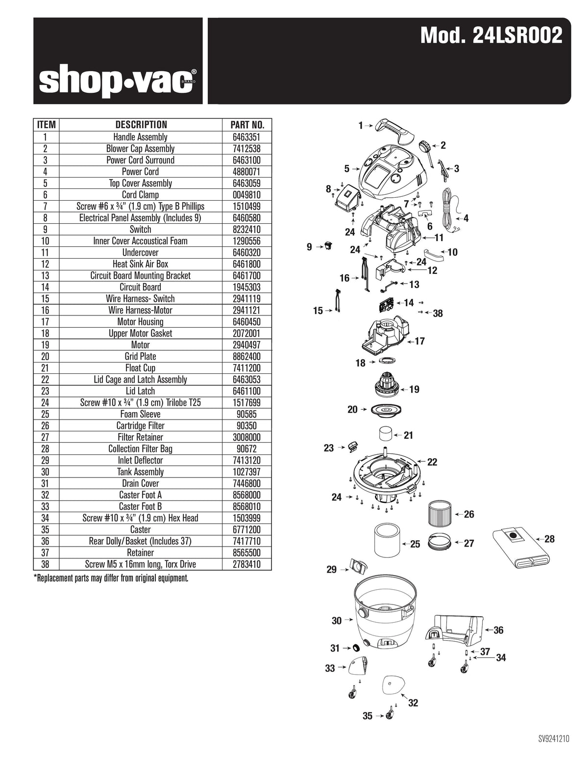 ShopVac Parts List for 24LSR002 Models (12 Gallon* Yellow / Black Ind