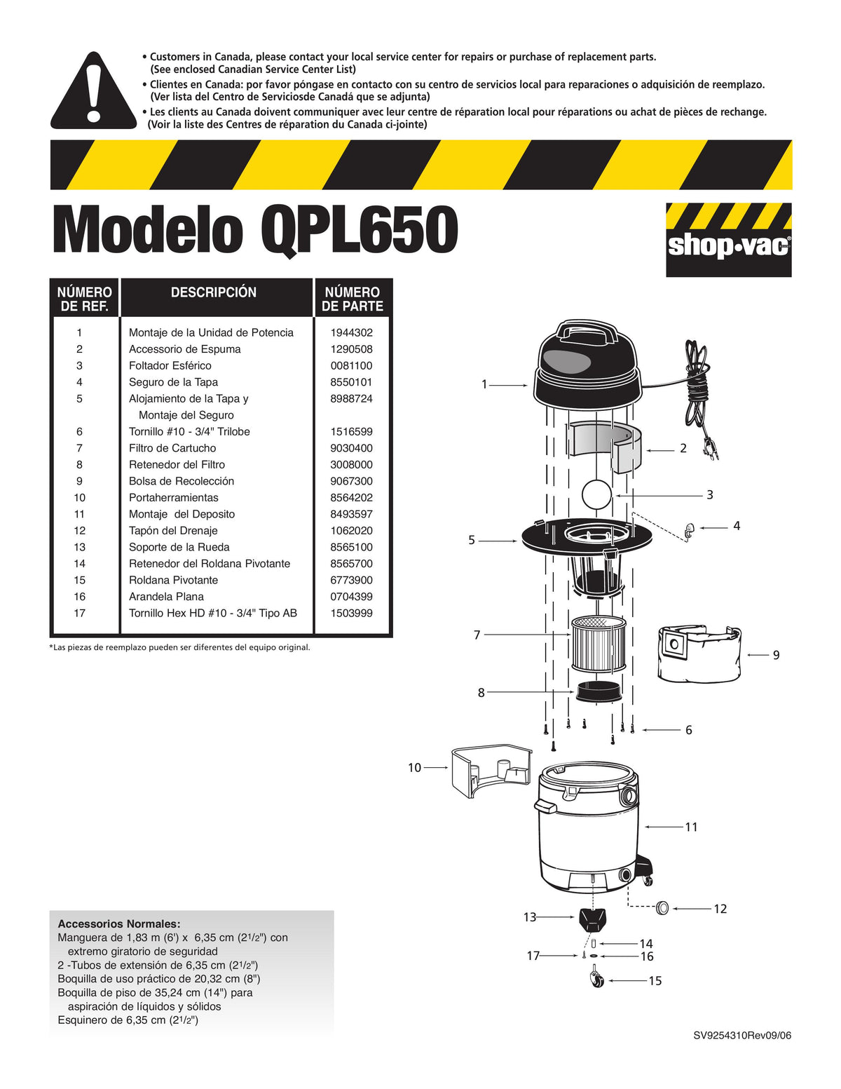 ShopVac Parts List for QPL650 Models (18 Gallon* Black / Yellow Indus