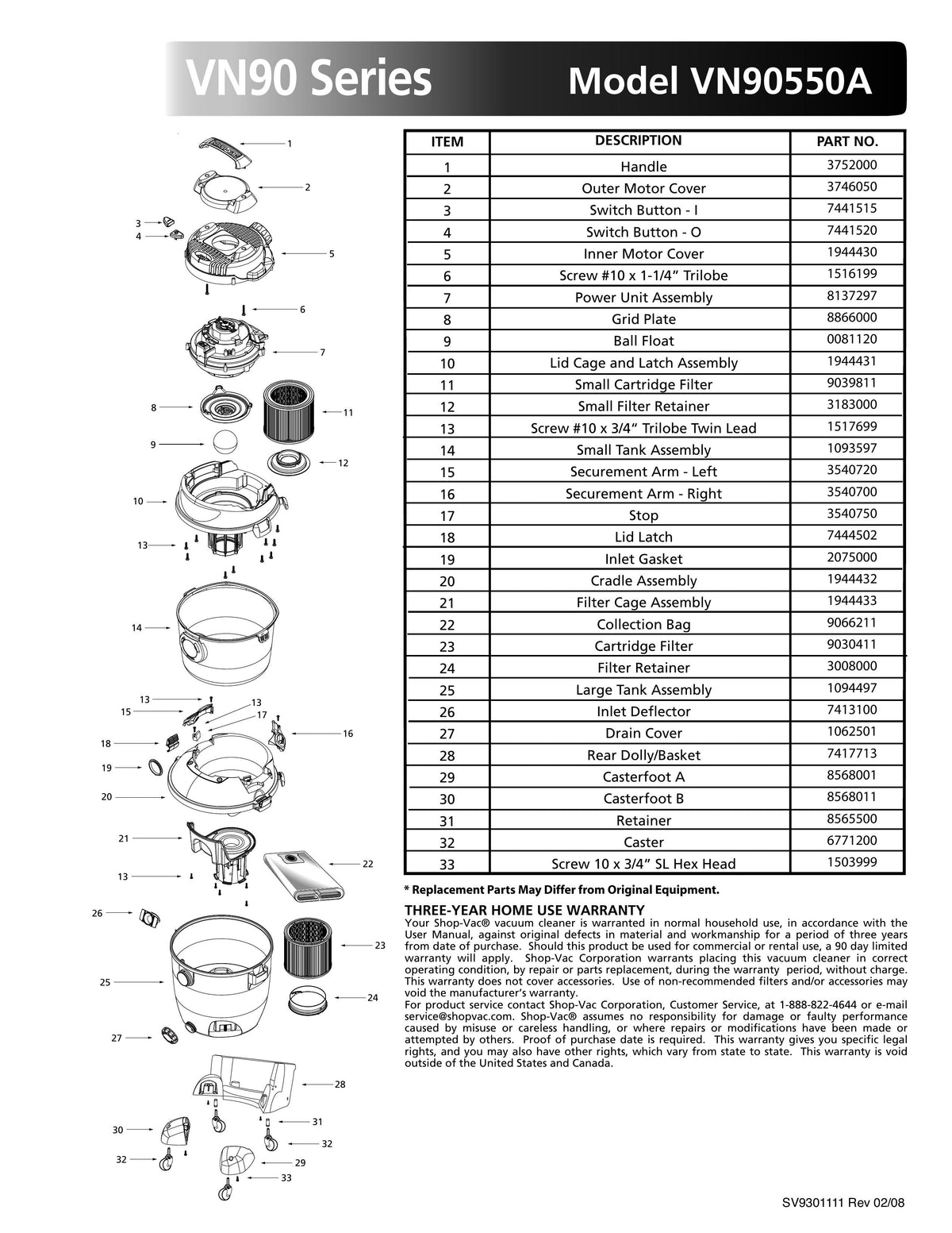 ShopVac Parts List for VN90550A Models (14 Gallon* Blue / Gray VacNVa