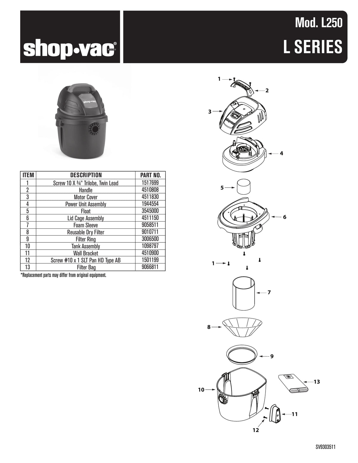 Shop-Vac Parts List for L250 Models (2.5 Gallon* Black / Red