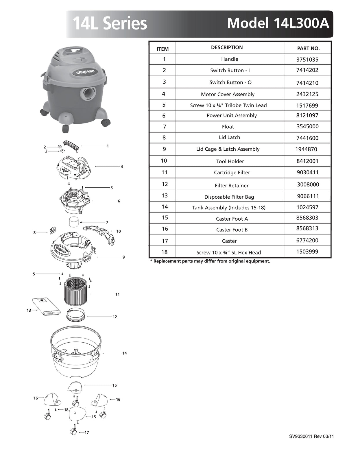 ShopVac Parts List for 14L300A Models (6 Gallon* Blue / Gray Vac