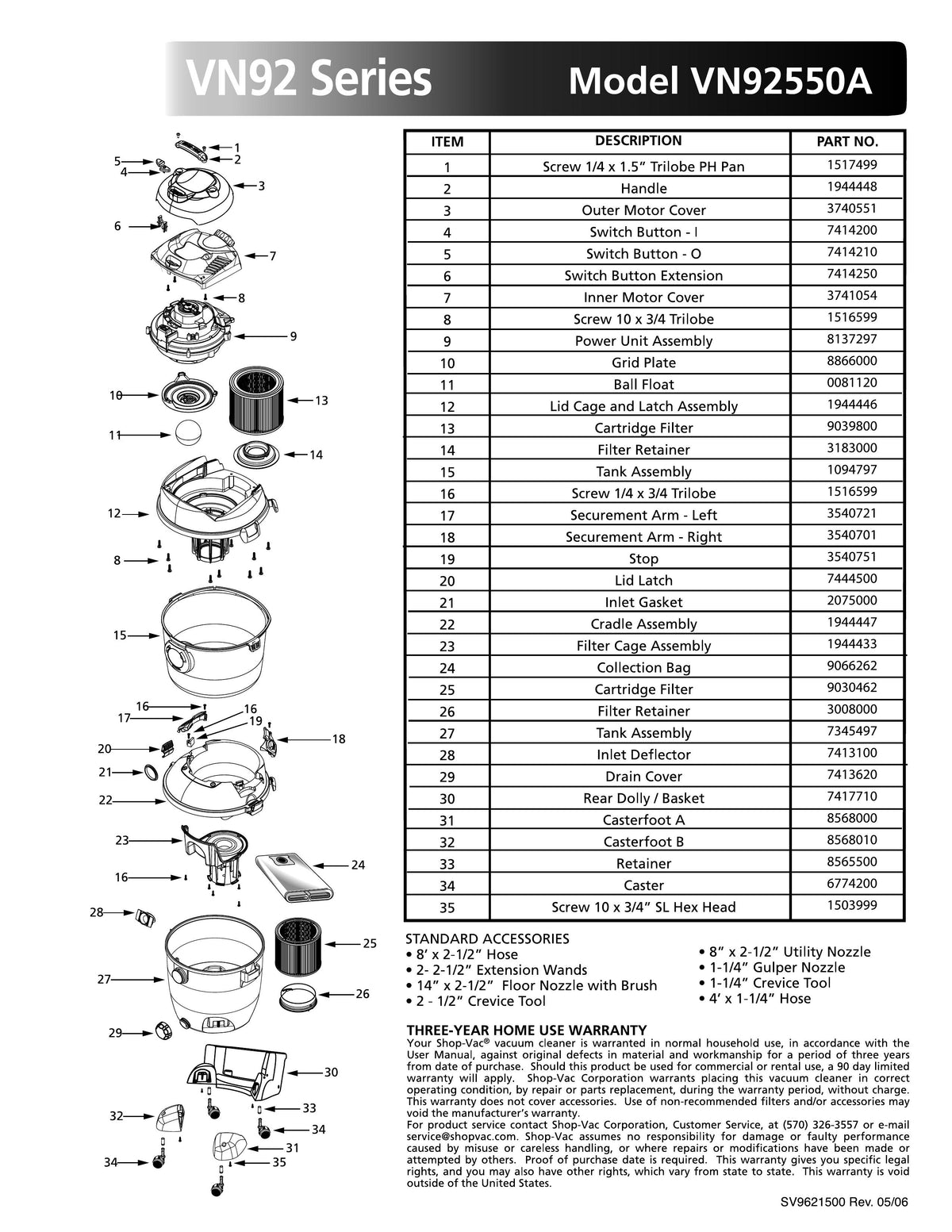 ShopVac Parts List for VN92550A Models (14 Gallon* Yellow / Black Vac