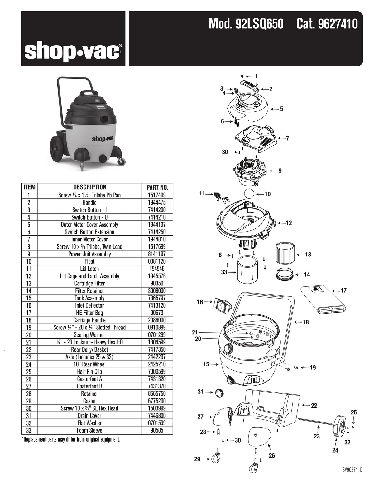 ShopVac Parts List for 92LSQ650 Models 18 Gallon* 6.5 Peak